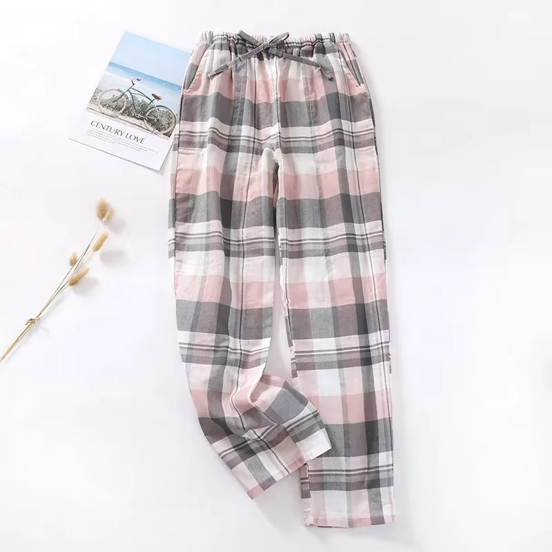 Men'S Cotton Gauze Trousers Plaid Knitted Sleep Pants Woman Pajamas Pants Bottoms Sleepwear Short for Couples Pijama Hombre