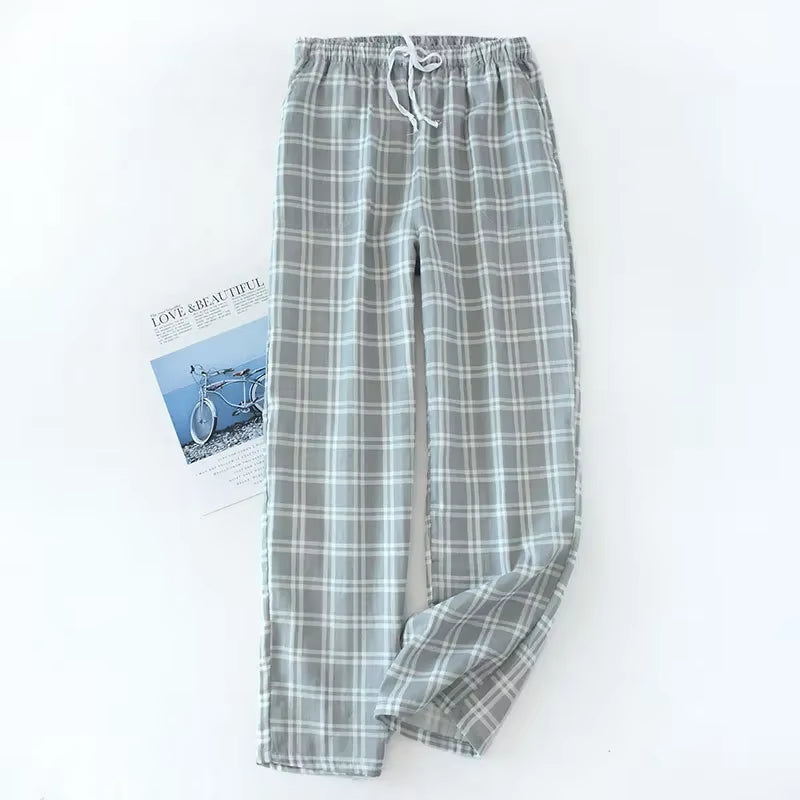 Men'S Cotton Gauze Trousers Plaid Knitted Sleep Pants Woman Pajamas Pants Bottoms Sleepwear Short for Couples Pijama Hombre