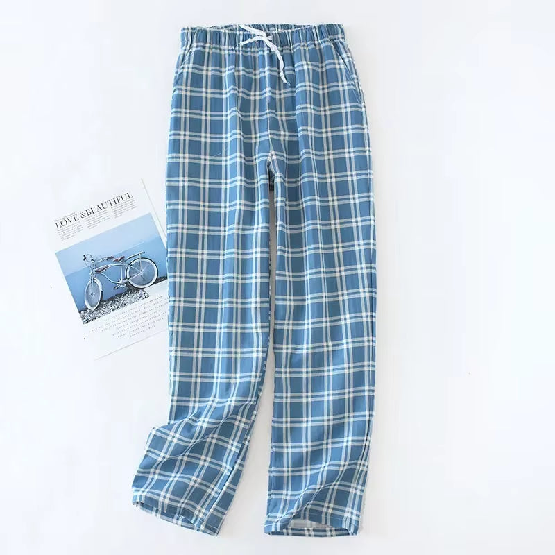 Men'S Cotton Gauze Trousers Plaid Knitted Sleep Pants Woman Pajamas Pants Bottoms Sleepwear Short for Couples Pijama Hombre
