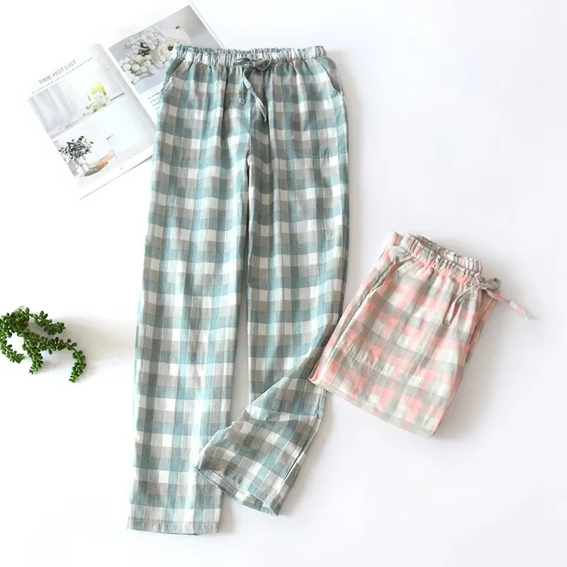 Men'S Cotton Gauze Trousers Plaid Knitted Sleep Pants Woman Pajamas Pants Bottoms Sleepwear Short for Couples Pijama Hombre
