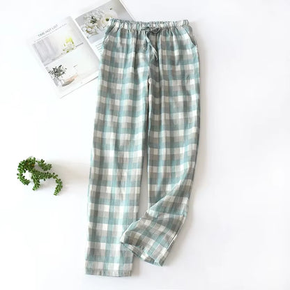 Men'S Cotton Gauze Trousers Plaid Knitted Sleep Pants Woman Pajamas Pants Bottoms Sleepwear Short for Couples Pijama Hombre