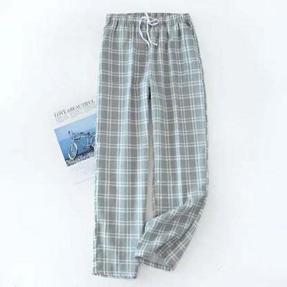 Men'S Cotton Gauze Trousers Plaid Knitted Sleep Pants Woman Pajamas Pants Bottoms Sleepwear Short for Couples Pijama Hombre